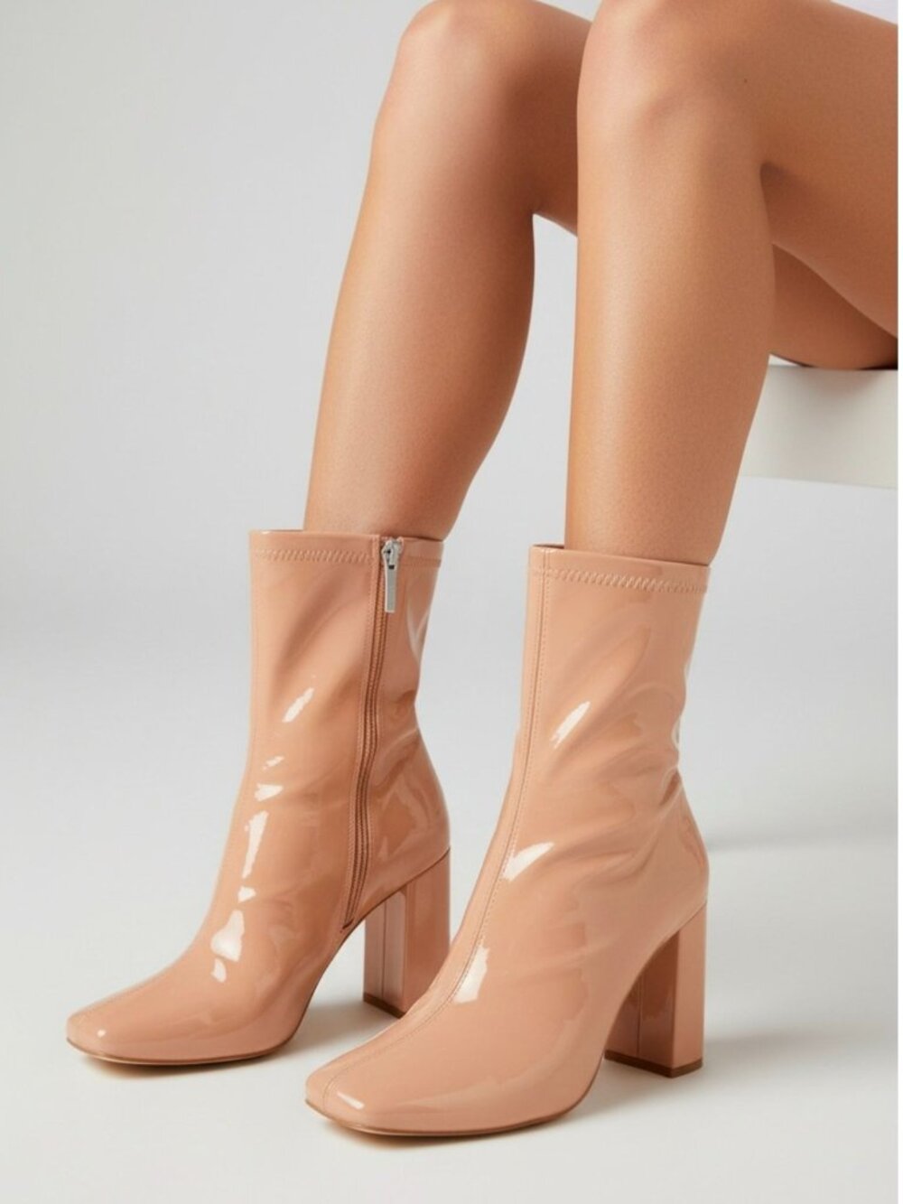 Patent Leather Nude Ankle Boots With Block Heels & Side Zipper Closure Womens